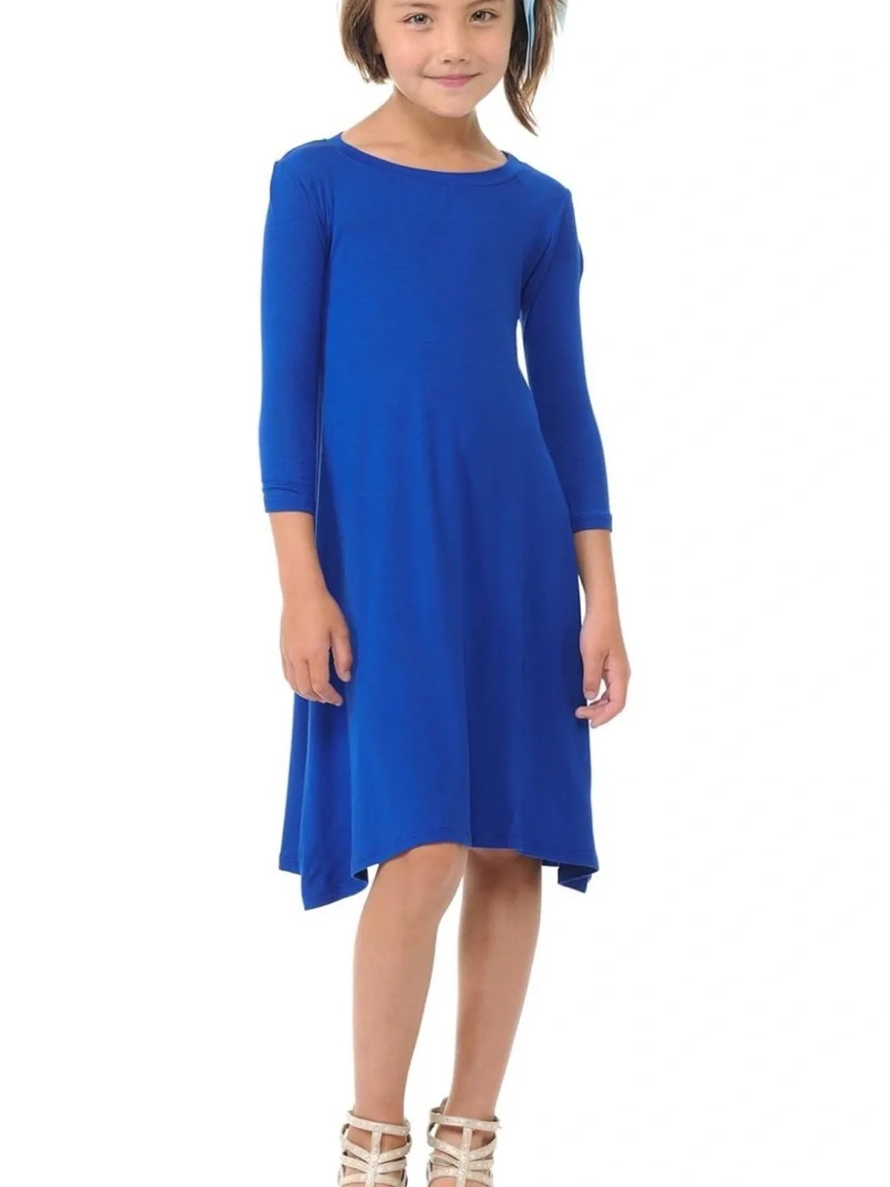 Girls' Royal Blue Three-Quarter Sleeve Swing Dress